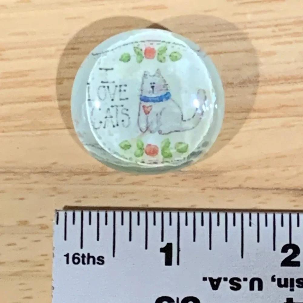 I Love Cats Glass Cabochon Pin Brooch Round Illustrated Feline White Blue 1 Inch